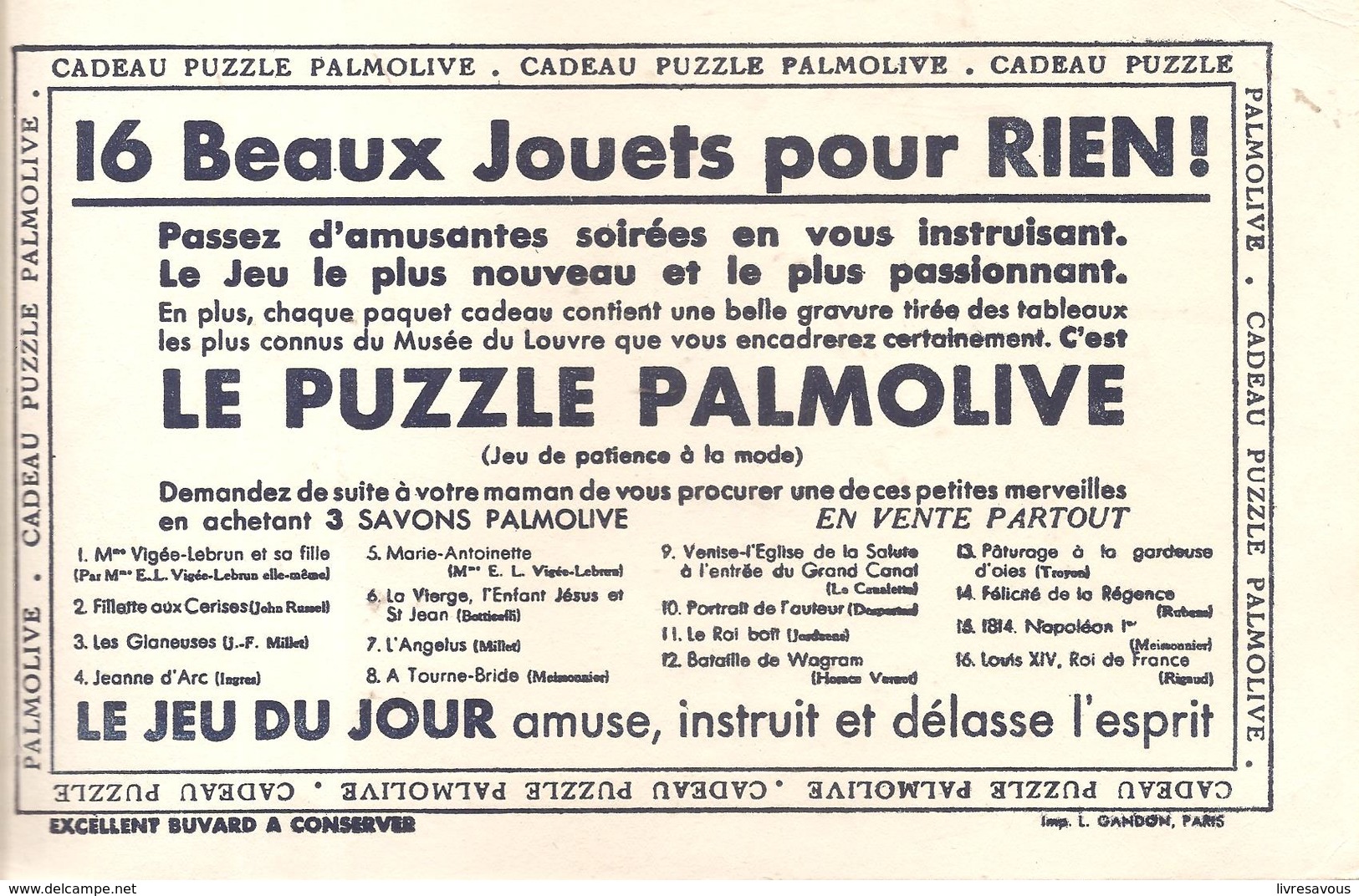 Buvard PALMOLIVE 16 Beaux Jouets Pour Rien! Le Puzzle PALMOLIVE - Perfumes & Belleza