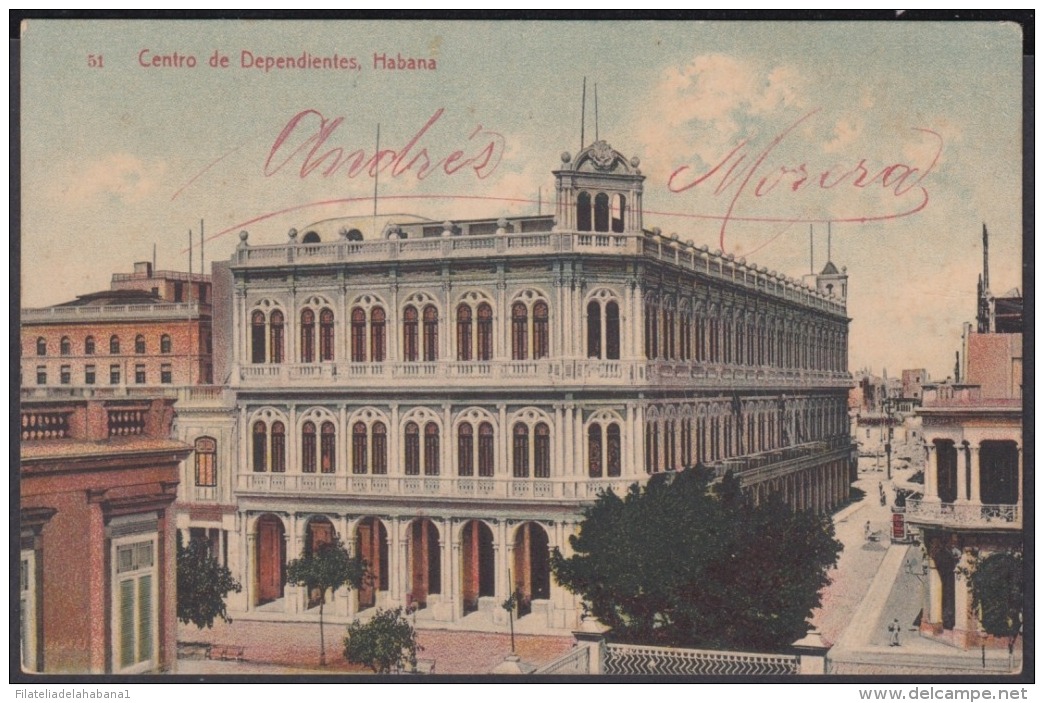 POS-1012 CUBA POSTCARD. 1908. CENTRO DE DEPENDIENTES DE LA HABANA. - Cuba