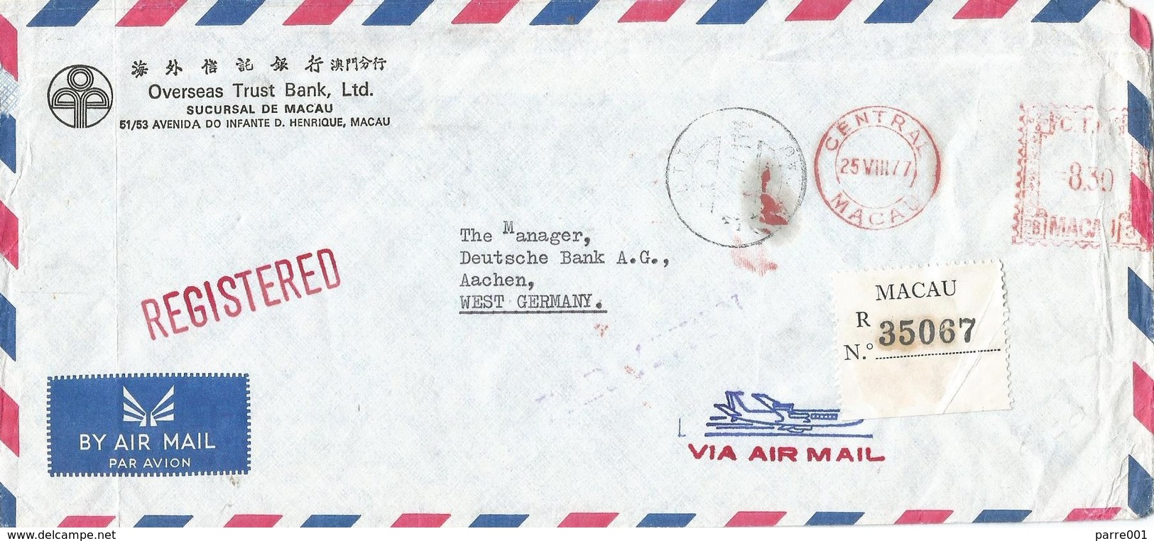 Macau 1977 Meter Franking Pitney Bowes “Automax” PB 3 Without Ornaments Registered Cover - Brieven En Documenten