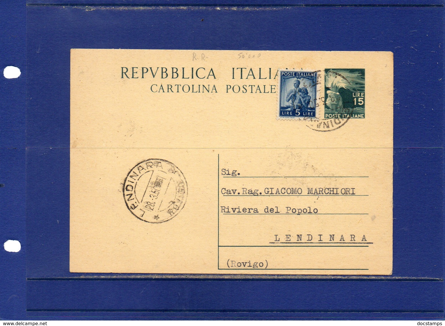 ##(ANT10)-1950-cart. Postale L.15 Filagrano C141 Usata Come Ricevuta Di Ritorno Atti Giudiziari Da Lendinara Per Città - 1946-60: Marcofilia