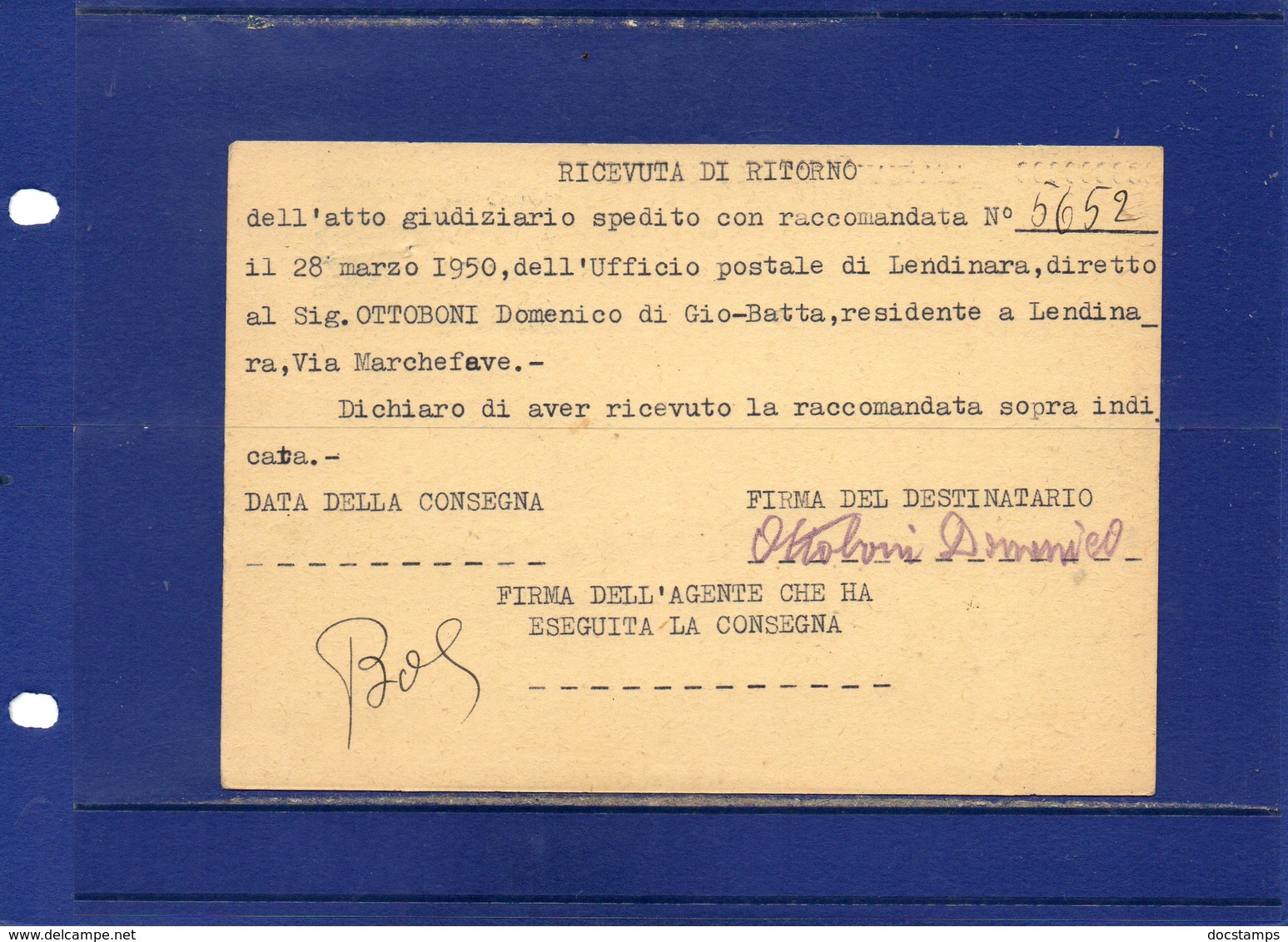 ##(ANT10)-1950-cart. Postale L.15 Filagrano C141 Usata Come Ricevuta Di Ritorno Atti Giudiziari Da Lendinara Per Città - 1946-60: Marcofilia