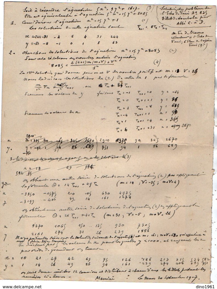 VP12.946 - MILITARIA - LE MANS 1907 - Mr MEMINI Du Génie Militaire - Solution Du Problème - Billet De Tombola ...... - Documentos