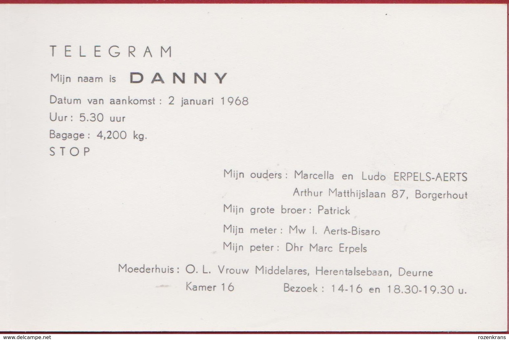 Oud Geboortekaartje Carte Faire Part De Naissance 1968 Danny Erpels Aerts Deurne Borgerhout Illustrator LIE Ezel Donkey - Birth