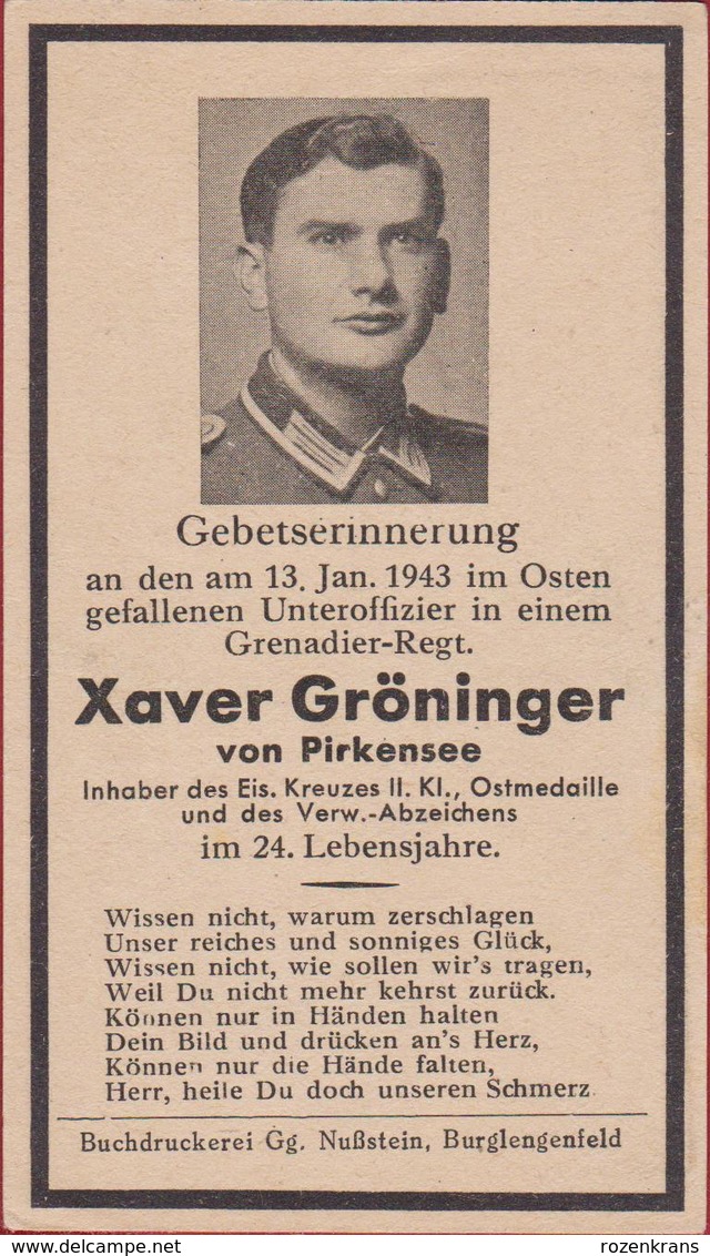 Sterbezettel Deutscher Soldat Xaver Groninger Unteroffizier Grenadier Ostfront 1943 Sterbebild Weltkrieg WK 2 World War - 1939-45