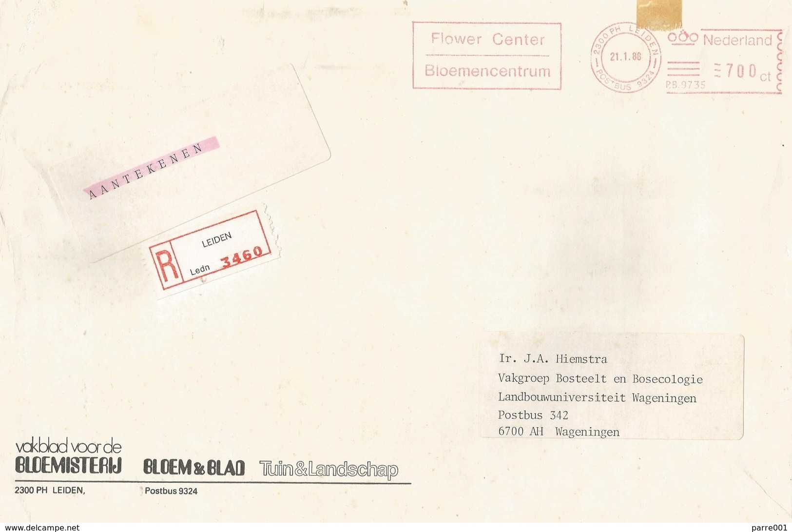 Netherlands 1988 Leiden Meter Pitney Bowes-GB "5349" PB 9735 Slogan Flower Center Registered EMA Cover - Maschinenstempel (EMA)