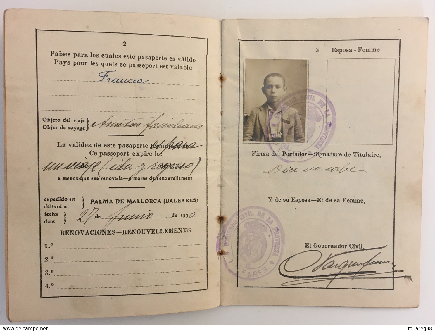 Passeport Espagnol Valable Pour La France. España. Pasaporte. Délivré En 1930 à Palma De Mallorca. Cerbère. Enfant. - Documenti Storici