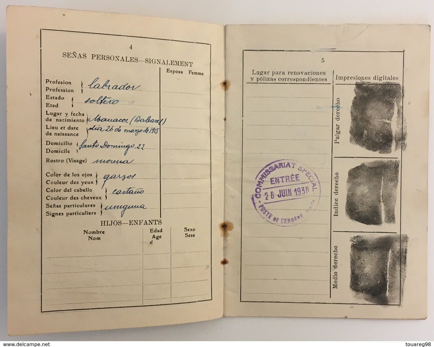 Passeport Espagnol Valable Pour La France. España. Pasaporte. Délivré En 1930 à Palma De Mallorca. Cerbère. Enfant. - Documenti Storici