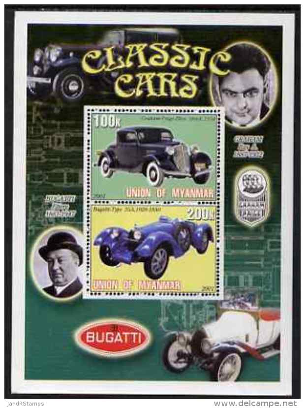 65739 Myanmar 2001 Classic Cars (Graham Paige Bleu &amp; Bugatti) Perf Sheetlet Containing 2 Values Unmounted Mint - Myanmar (Birmanie 1948-...)