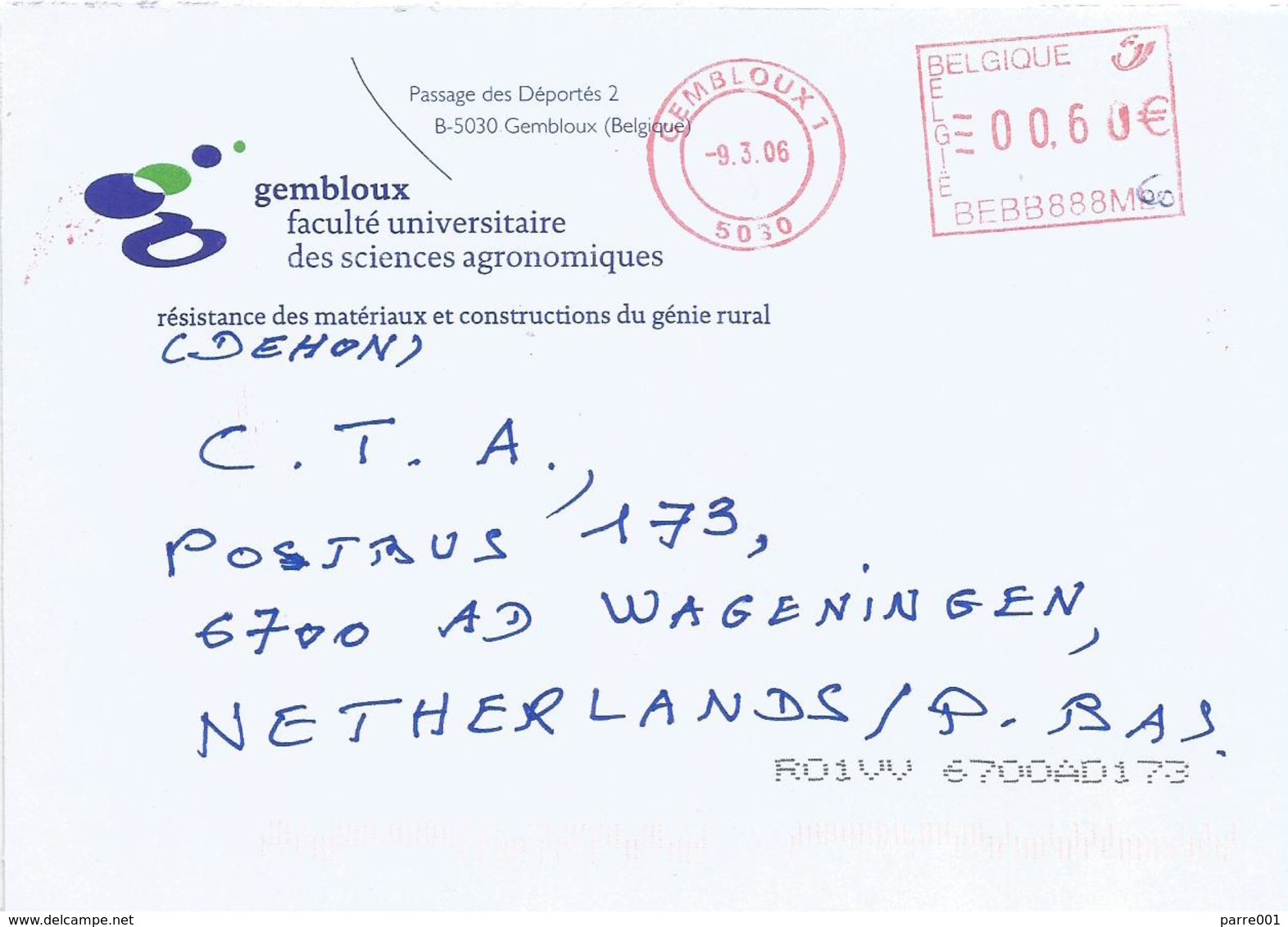 Belgium 2006 Gembloux Pitney Bowes “A900” BEBB EMA Cover - 2000-2019