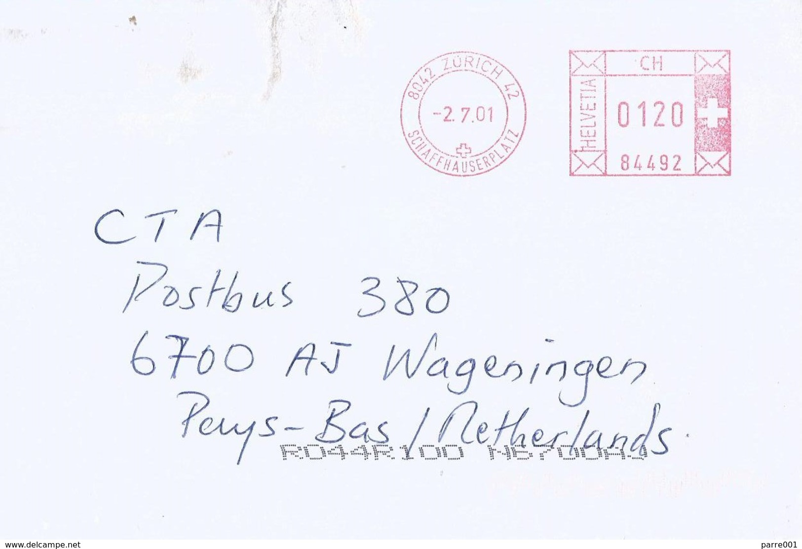 Switzerland Schweiz 2001 Zürich Meter Hasler “Mailmaster” EMA Cover - Frankeermachinen