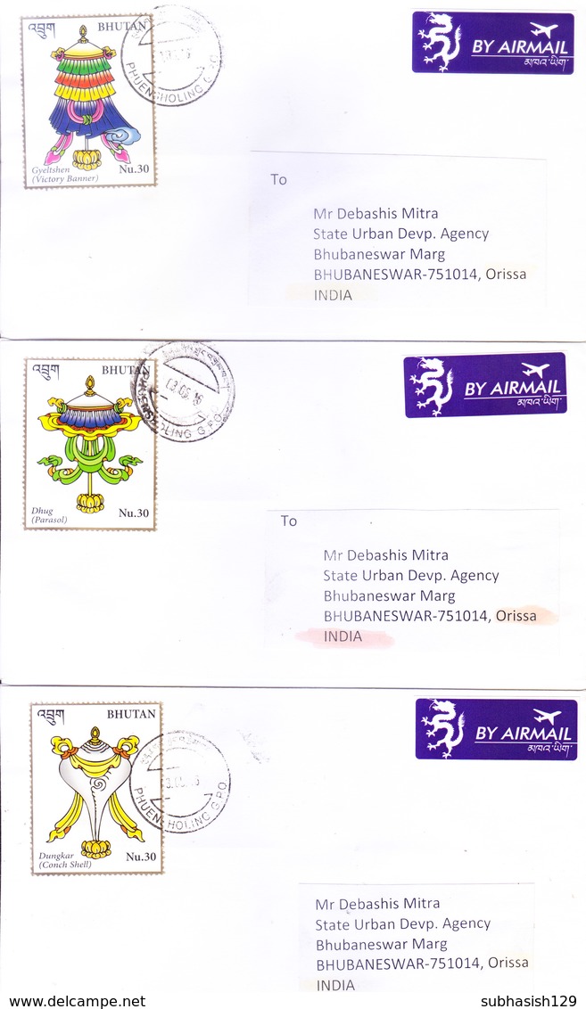 BHUTAN : COMMERCIAL COVER : POSTED FROM PHUENSHOLING GPO FOR INDIA : AUSPICIOUS SYMBOL, BUDDHA / BUDDHISM : 8V SET - Bhutan