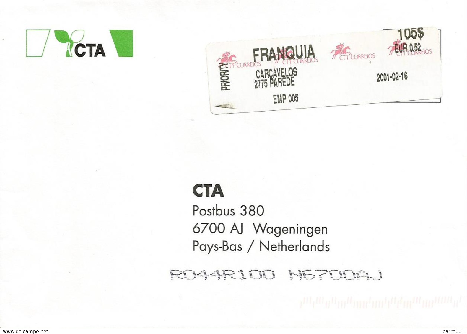 Portugal 2001 Carcavelos Meter EMA Label Post Rider And “CTT CORREIOS Cover - Frankeermachines (EMA)