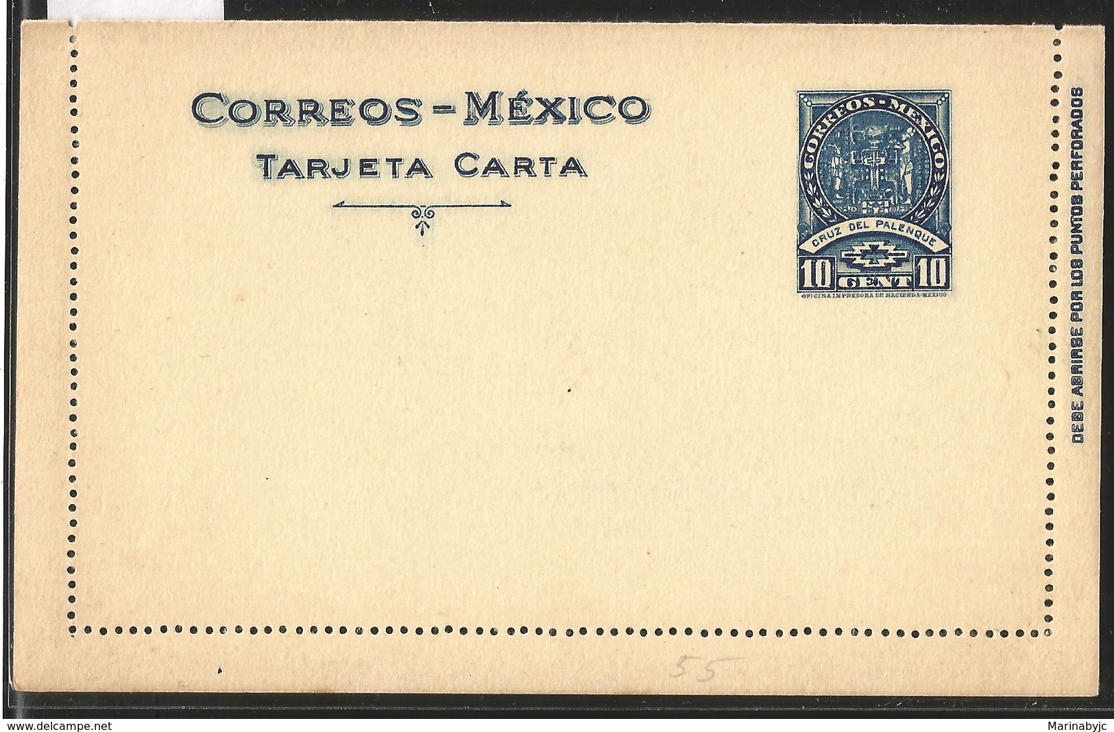 J) 1934 MEXICO, CROSS OF PALENQUE, 10 CENTS BLUE, CENTRAL POST OFFICE-MEXICO, POSTAL STATIONARY - Mexico