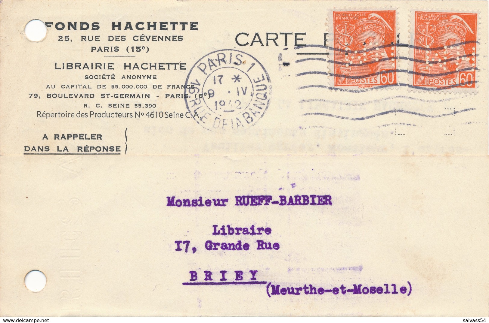 FRANCE - Carte Postale Commerciale - 9.04.1942 - Timbre  Mercure 60c Perforé H M Ou W H ? - Autres & Non Classés