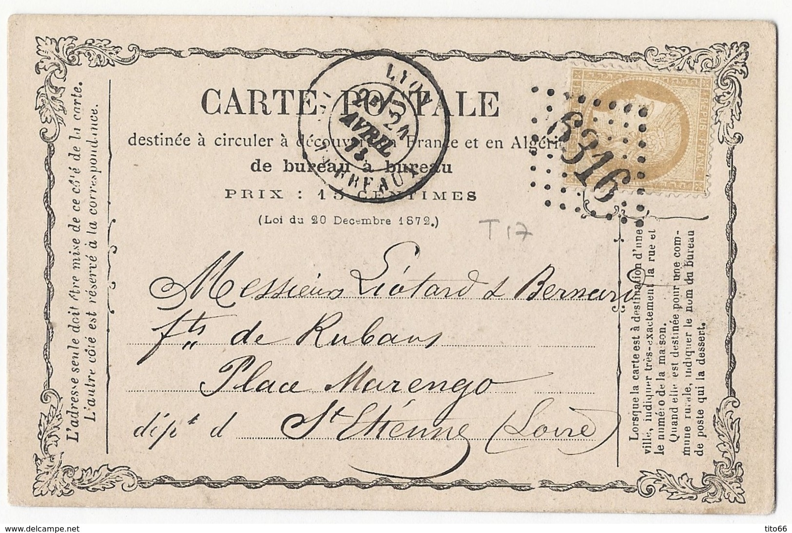 CPP Avec Cérès 59 De Lyon Vers St Etienne 24 Avril 1873 - Cartes Précurseurs