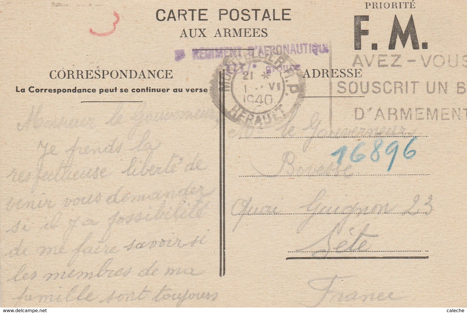 Poste Militaire Belge En France /2ème Régiment D'aéronautique IIème Groupe Vers Gouverneur Bovesse à Sète - Guerre 40-45 (Lettres & Documents)