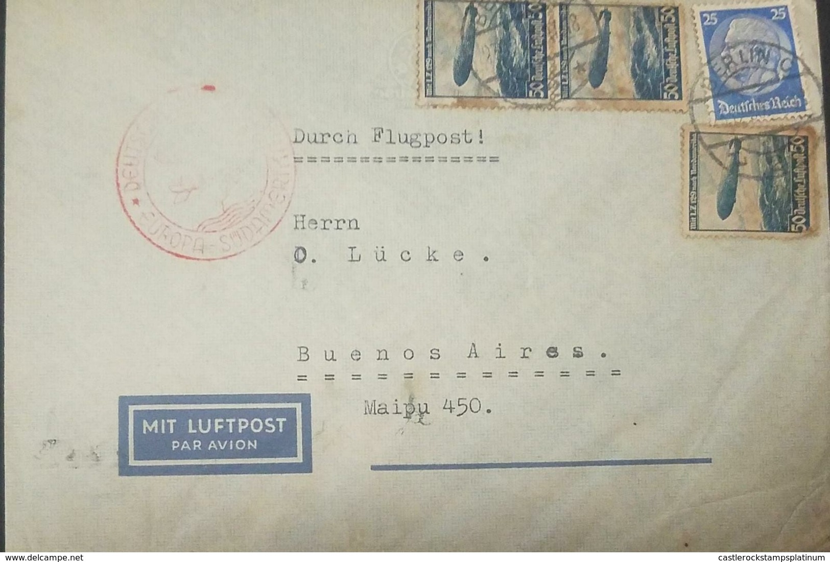 L) 1936 GERMANY, MIT LZ 129, 50, BLUE, 25, STATUE, LUFTHANSA FROM GERMANY TO ARGENTINA, AIRMAIL, EUROPE-SOUTH AMERICA - Lettres & Documents