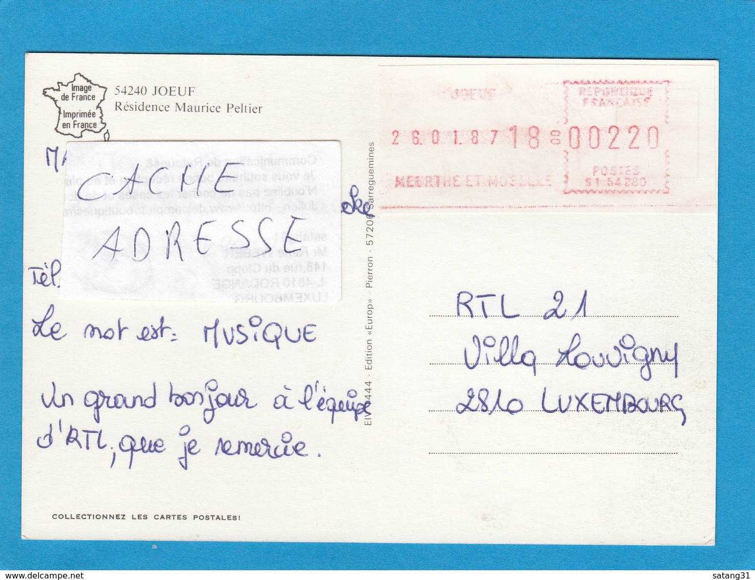 CARTE POSTALE AVEC VIGNETTE D'AFFRANCHISSEMENT DE JOEUF. - 1969 Montgeron – Weißes Papier – Frama/Satas