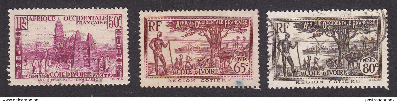 Ivory Coast, Scott #127, 130, 133, Used, Scenes Of Ivory Coast, Issued 1936 - Used Stamps