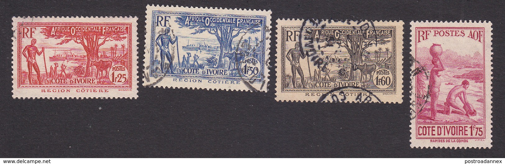 Ivory Coast, Scott #139, 141, 142-143, Used, Scenes Of Ivory Coast, Issued 1936 - Gebruikt