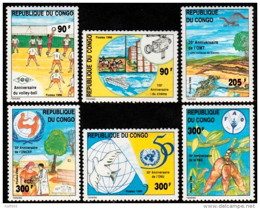 ~~~  Congo Brazzaville 1996 - Cinema Volley UNICEF OMT ONU FAO - Mi. 1498/1503 YT. 1027/1032  ** MNH ~~~ - Ongebruikt