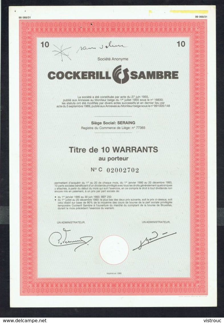 COCKERILL SAMBRE - 10 WARRANTS AU PORTEUR N° C 02002702 - 1989. - Industrie