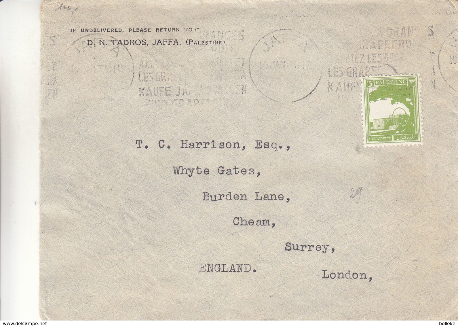 Palestine - Lettre De 1934  ? - Oblit Jaffa - Exp Vers Surrey - - Palästina