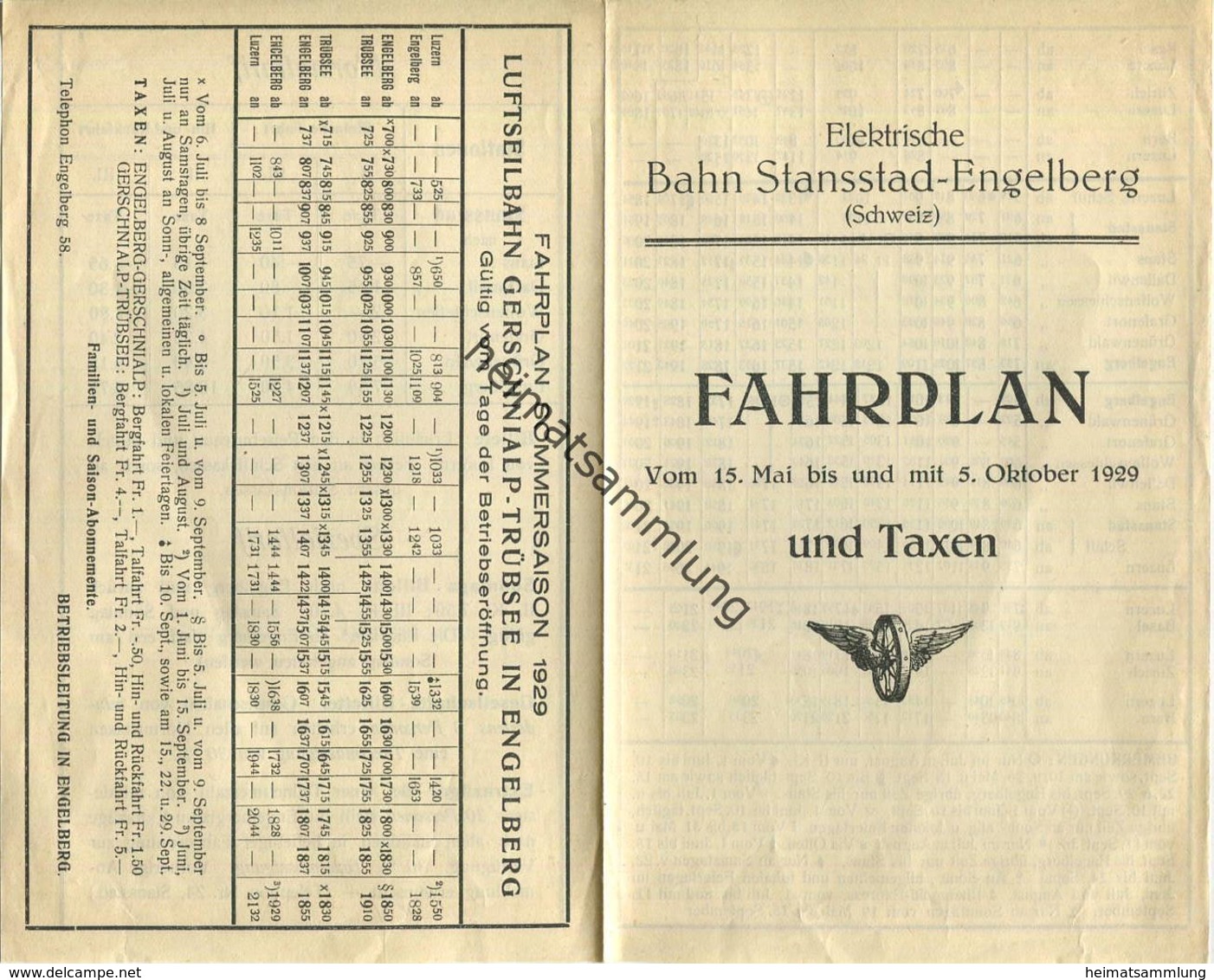 Schweiz - Elektrische Bahn Stansstad-Engelberg - Fahrplan 15. Mai Bis 5. Oktober 1929 - Sommerfahrplan Luftseilbahn Gers - Europe