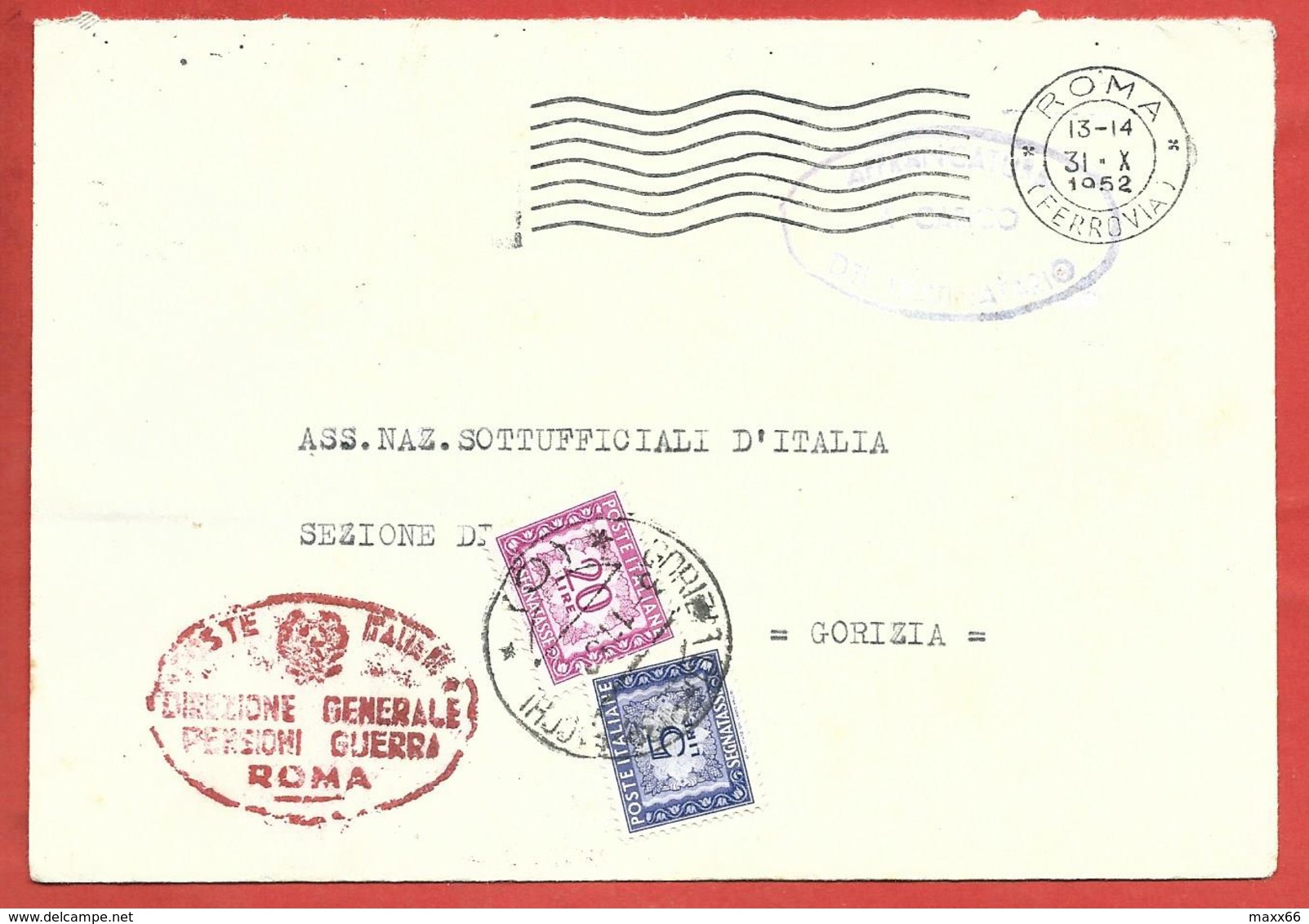 LETTERA VG ITALIA - ORDINARIA Ministero Del Tesoro Pensioni Di Guerra - 11 X 16 - ANN. 1952 ROMA GORIZIA TASSA A CARICO - 1946-60: Storia Postale