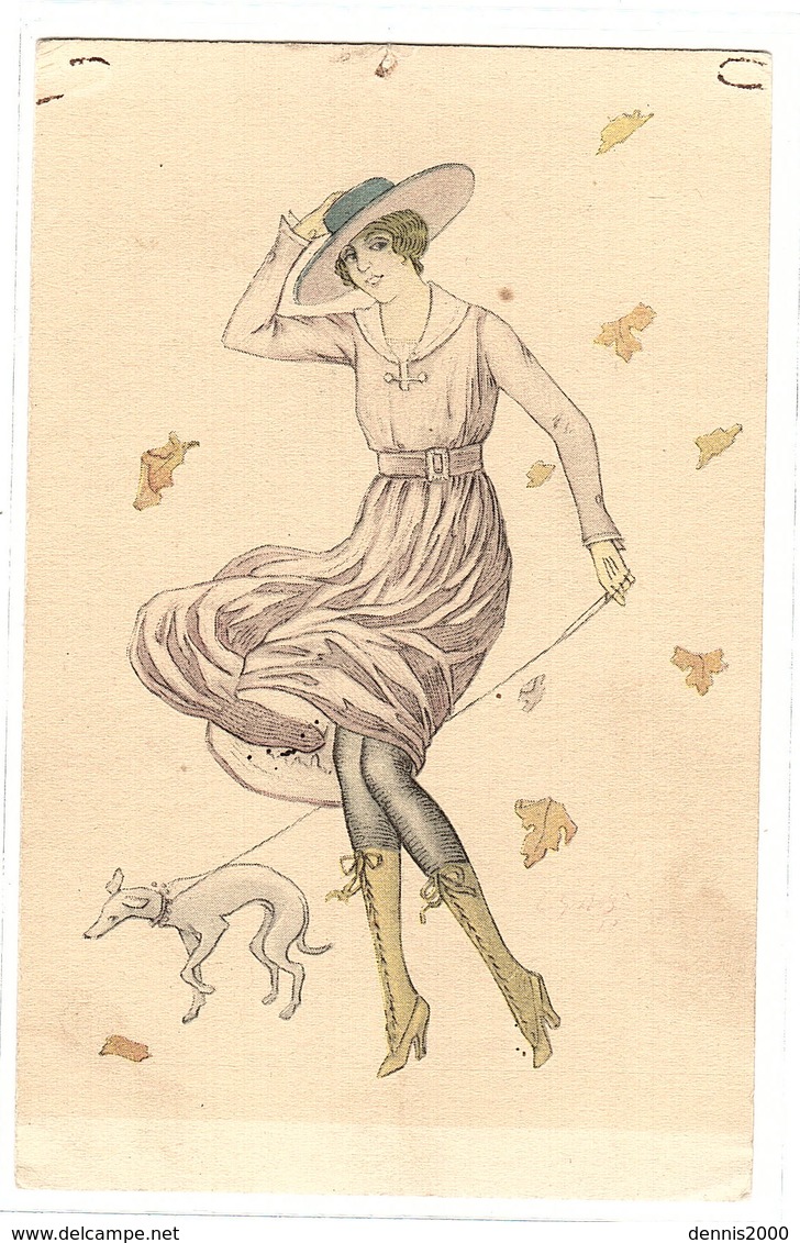 Carte Illustrateur - FEMME ET SON CHIEN - MODE - CHAPEAU - Frauen