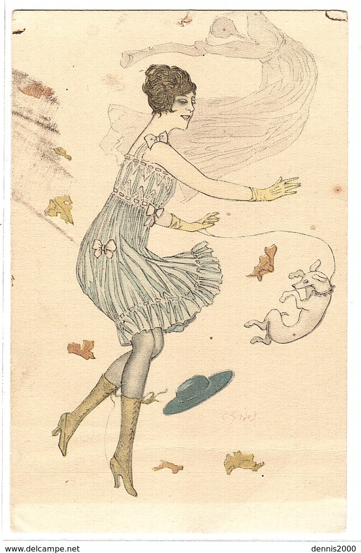 Carte Illustrateur - FEMME ET SON CHIEN Dans Le Vent - MODE - CHAPEAU - Women