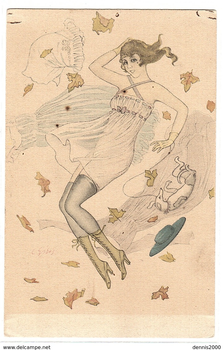 Carte Illustrateur - FEMME En Petite Tenue ET SON CHIEN Dans Le Vent - MODE - CHAPEAU - Women