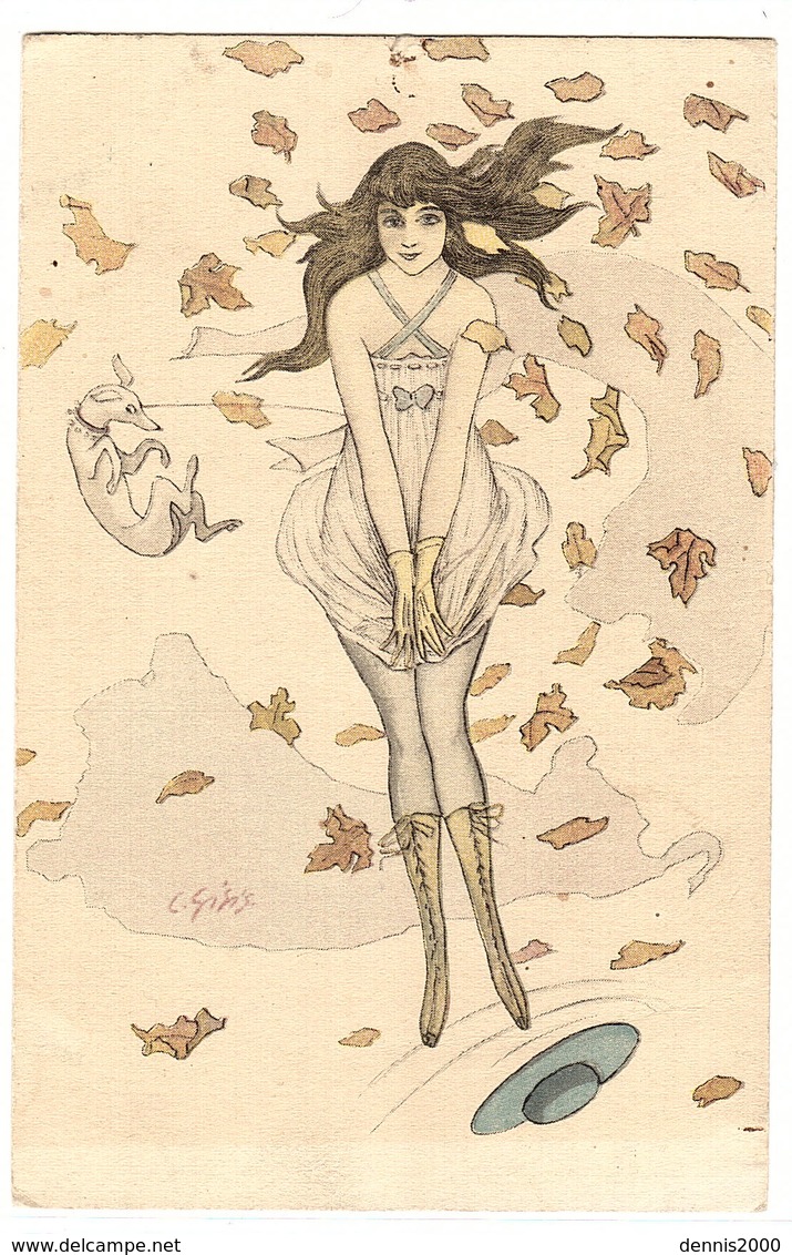 Carte Illustrateur - FEMME En Petite Tenue ET SON CHIEN Dans Le Vent - MODE - CHAPEAU - Women