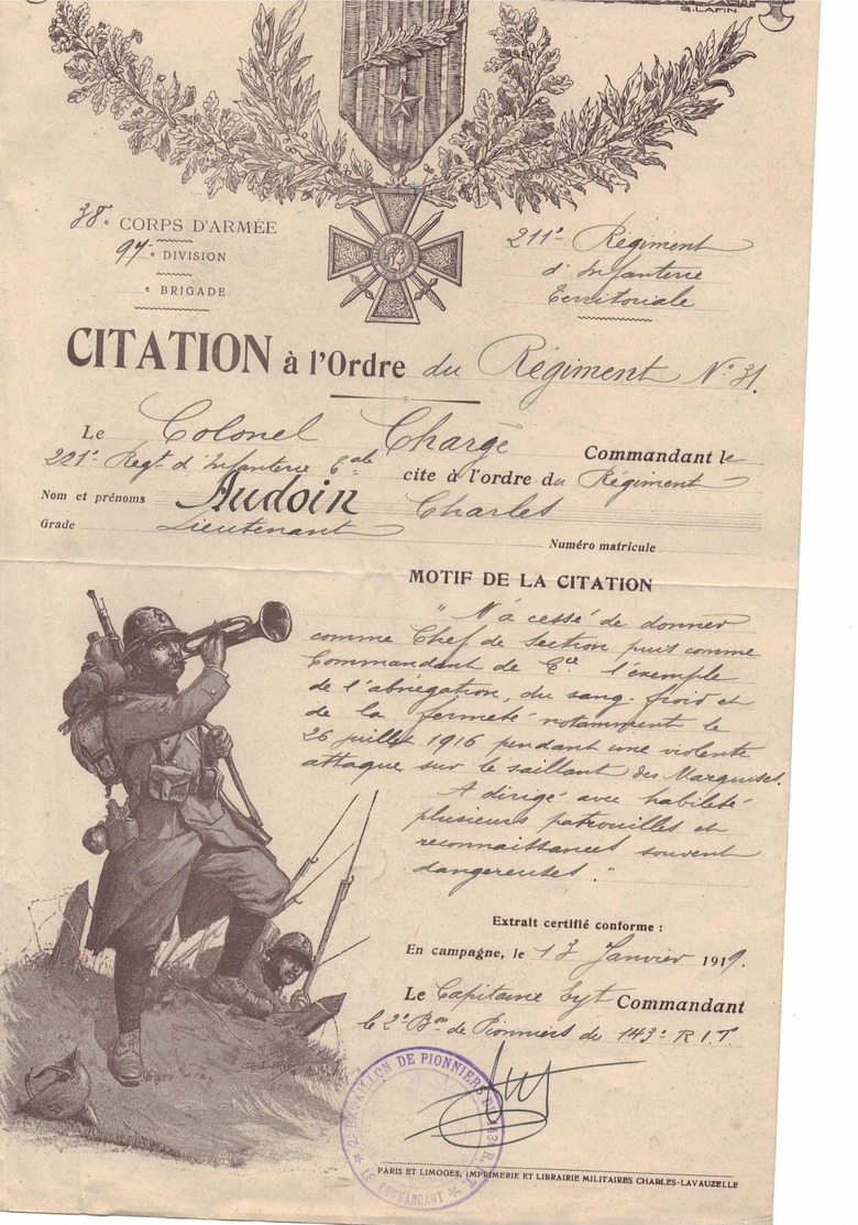 CITATION A L'ORDRE DU REGIMENT N° 31 - 1914-18