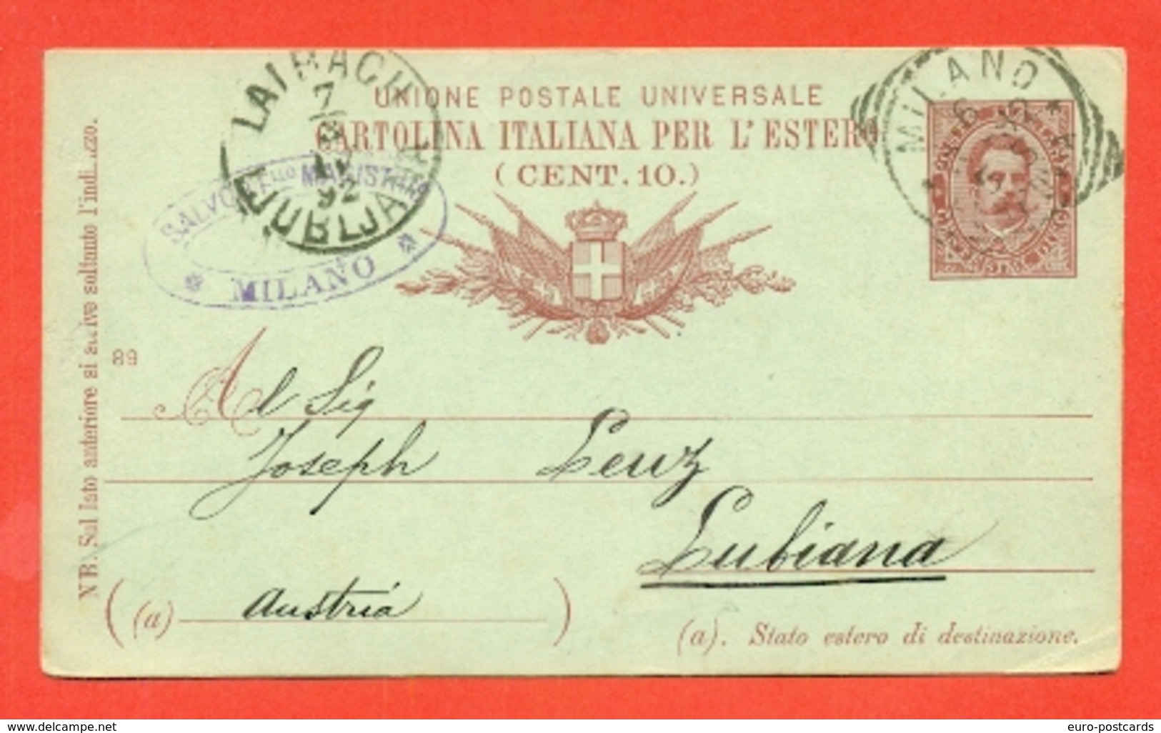 INTERI POSTALI REGNO-CARTOLINE POSTALI - CP  C13 . MILL. 89 - DA MILANO PER LUBIANA - SLOVENIA-PUBBLICITARIE - Interi Postali