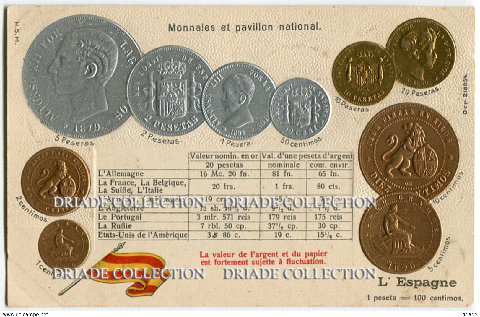 CARTOLINA CON RAPPRESENTAZIONE A RILIEVO MONETE MONNAIES ET PAVILLON NATIONAL L'ESPAGNE PESETA SPAGNA - Monete (rappresentazioni)