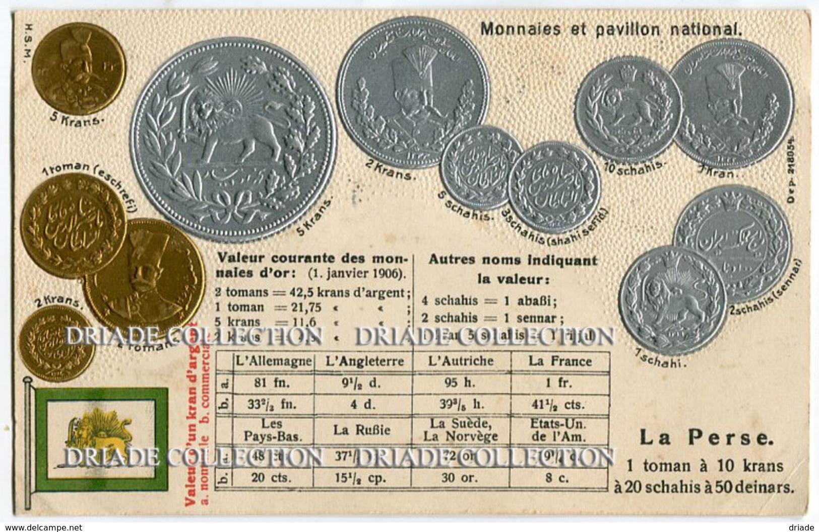 CARTOLINA CON RAPPRESENTAZIONE A RILIEVO MONETE MONNAIES ET PAVILLON NATIONAL LA PERSE TOMAN PERSIA IRAN - Monete (rappresentazioni)