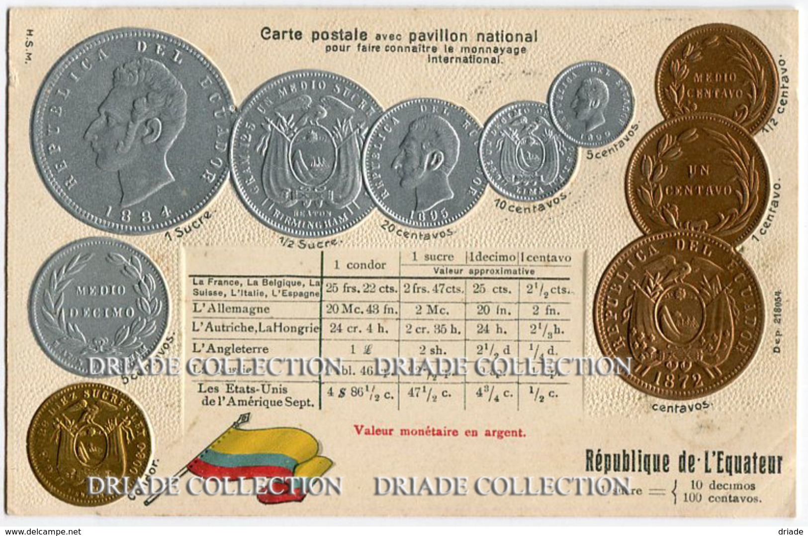 CARTOLINA CON RAPPRESENTAZIONE A RILIEVO MONETE MONNAIES ET PAVILLON NATIONAL EQUATEUR SUCRE EQUADOR - Monedas (representaciones)