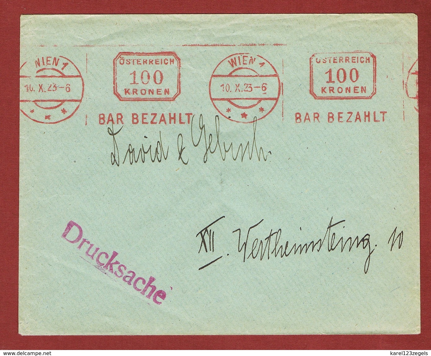 Infla Ab 1. Aug. 1923 Drucksache 100 Kr  Freistempel Bar Bezahlt - Cartas & Documentos