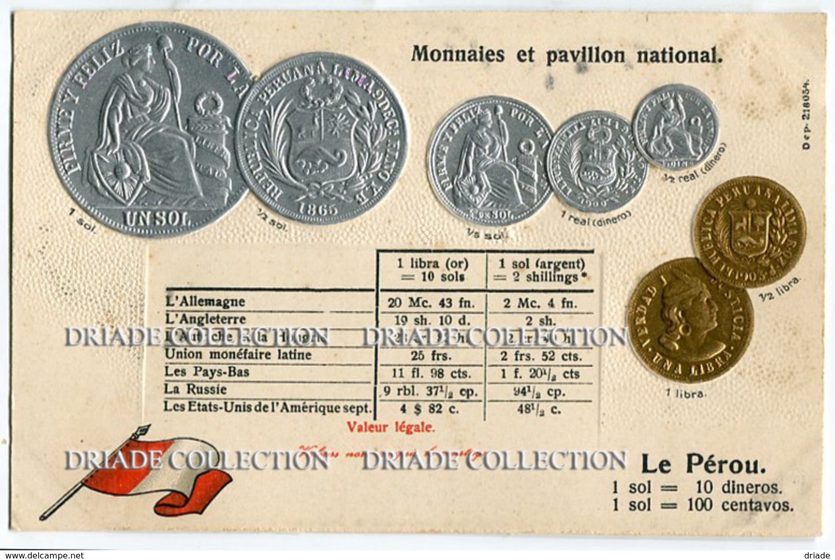 CARTOLINA CON RAPPRESENTAZIONE RILIEVO MONETE MONNAIES ET PAVILLON NATIONAL LE PEROU SOL PERU - Coins (pictures)