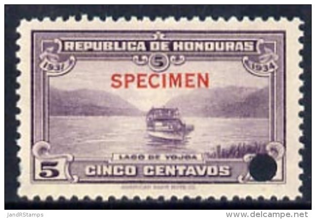 20241 Honduras 1931 Boat On Lake Yojoa 5c U/m Optd SPECIMEN (13mm X 2mm) With Security Punch Hole (lakes Ships) - Honduras