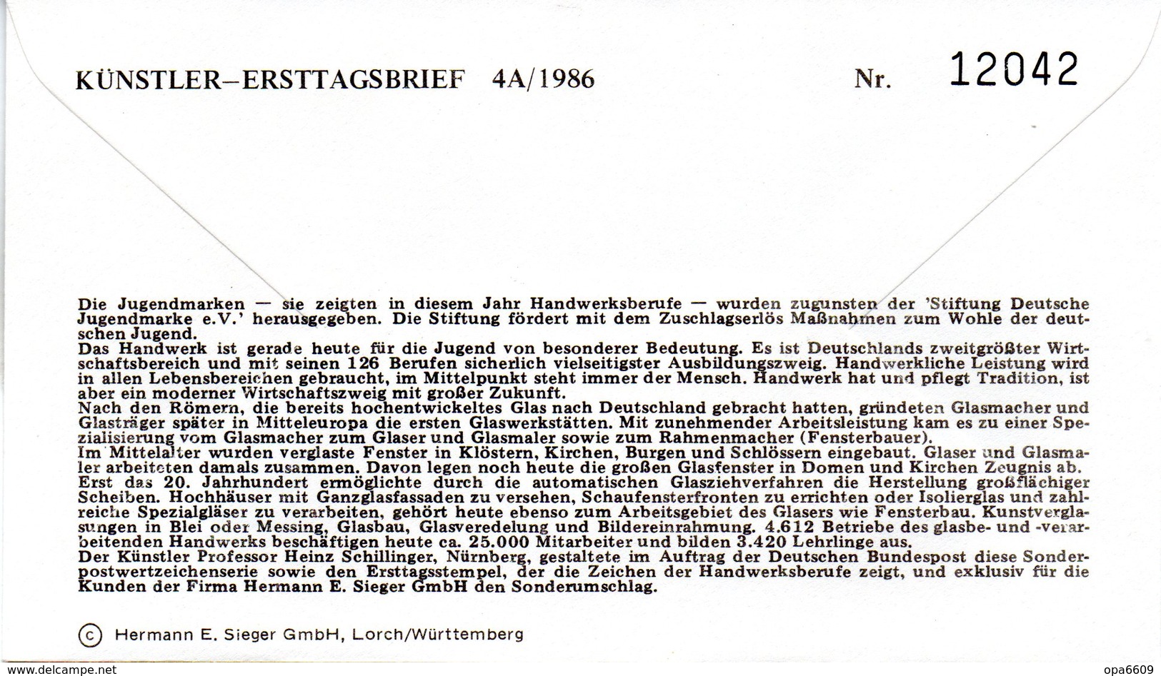 Westberlin Schmuck-FDC Mi. 754 "Handwerksberufe - Der Glaser" ESSt 10.4.1986 BERLIN 12 - Sonstige & Ohne Zuordnung