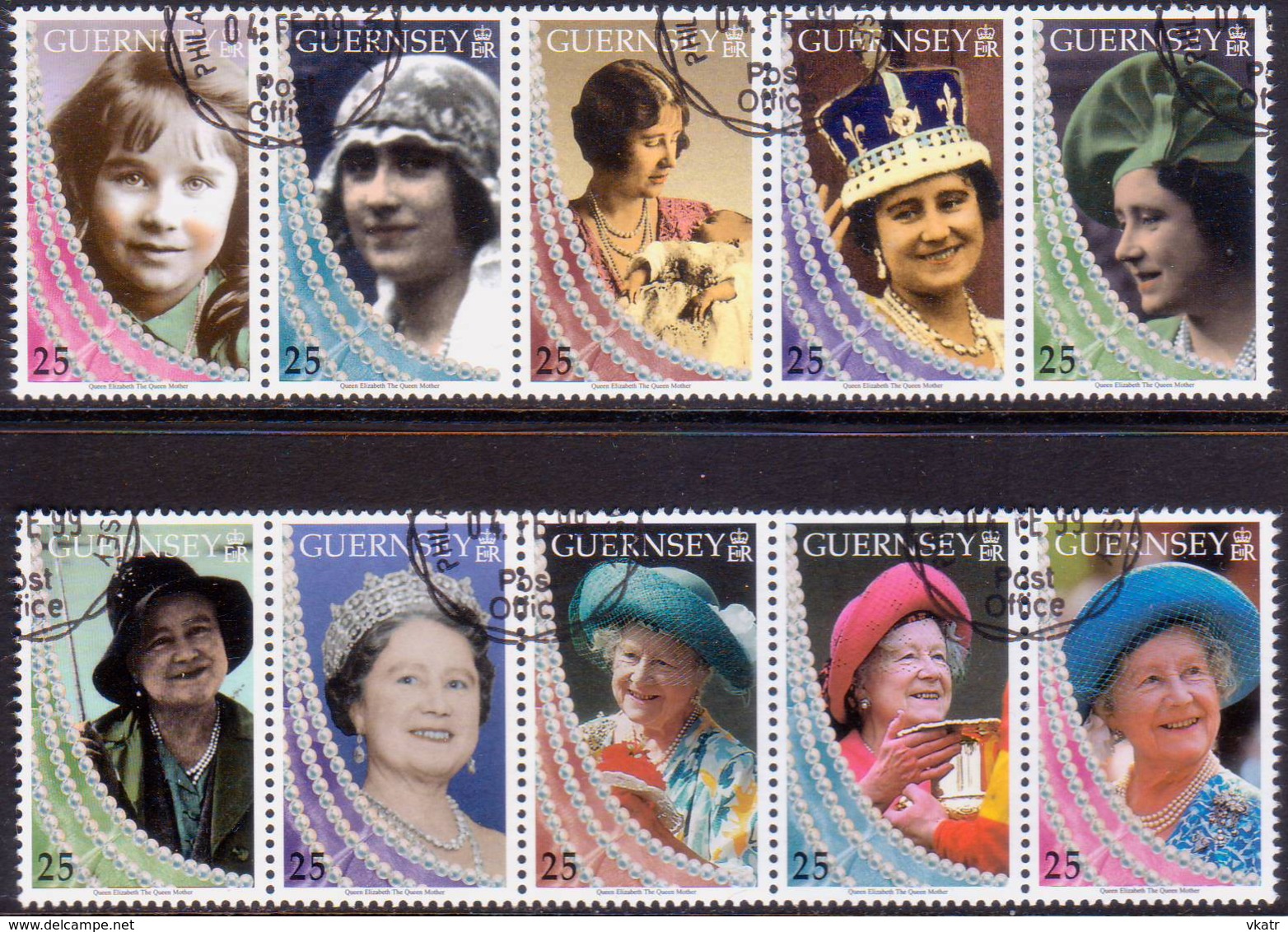 GUERNSEY 1999 SG 817-26 Compl.set In Two Strips Of 5 Used Queen Mother - Guernsey