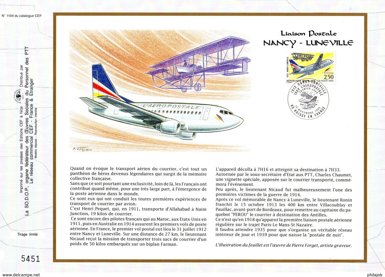 " LIAISON POSTALE NANCY-LUNEVILLE " Sur Feuillet CEF 1er Jour De 1992. N° YT 2778. Parfait état. - Avions