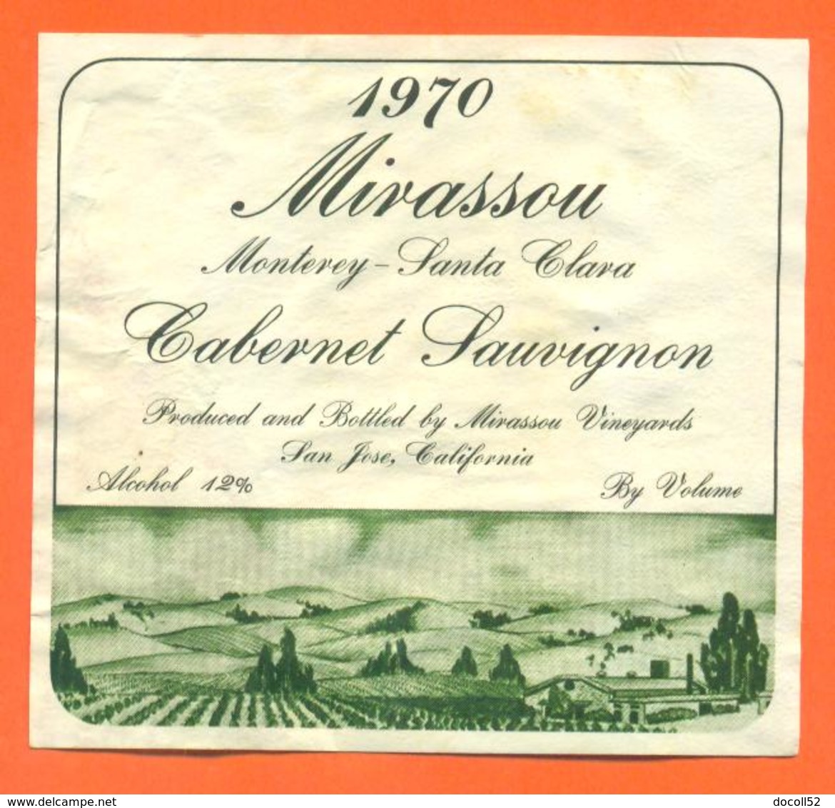 Etiquette Vin De Californie Wine Mivassou Cabernet Sauvignon 1970 San José California - Autres & Non Classés