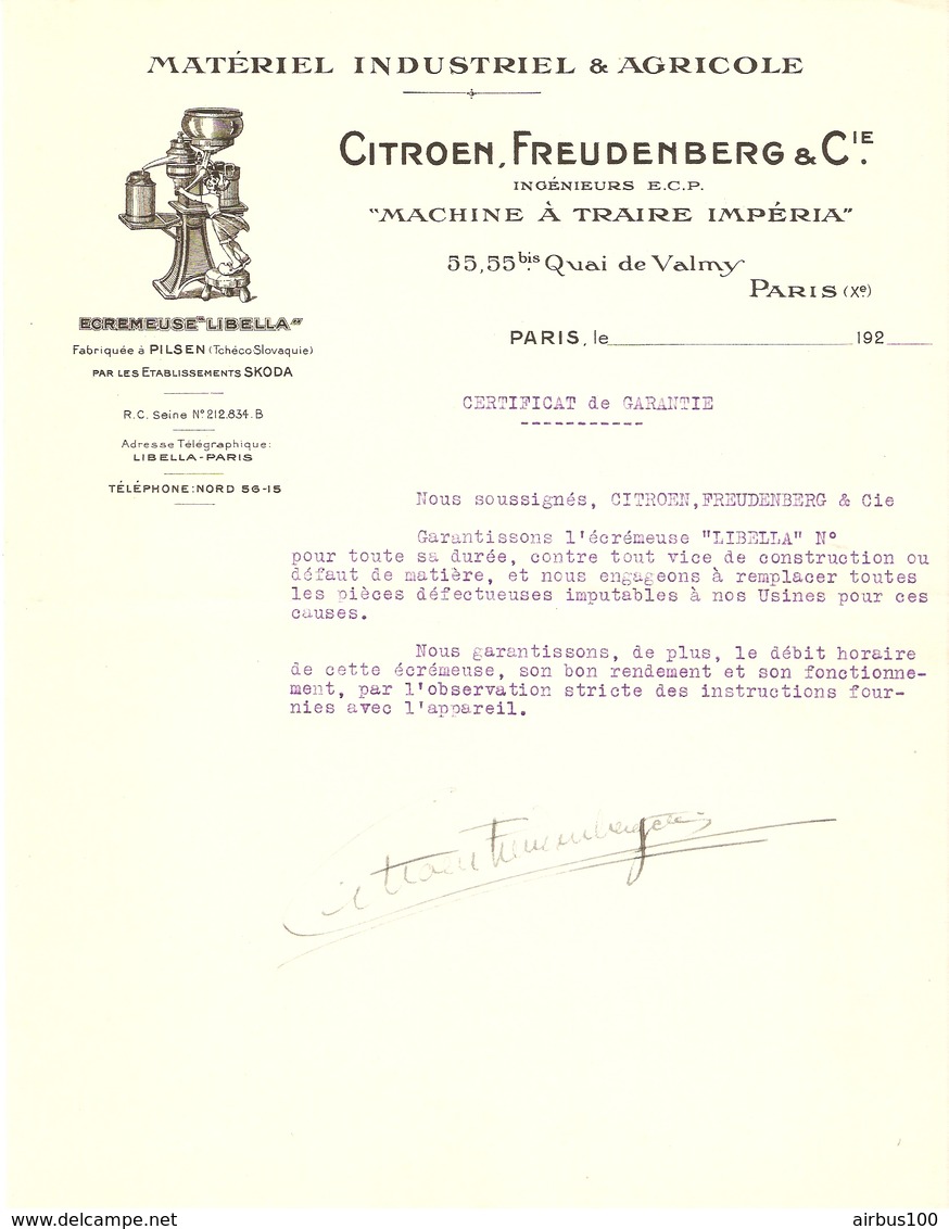 LETTRE GARANTIE 192? MATÉRIEL AGRICOLE ÉCRÉMEUSE LIBELLA CITROEN FREUDENBERG SKODA  PILSEN TCHÉCOSLOVAQUIE - Agriculture