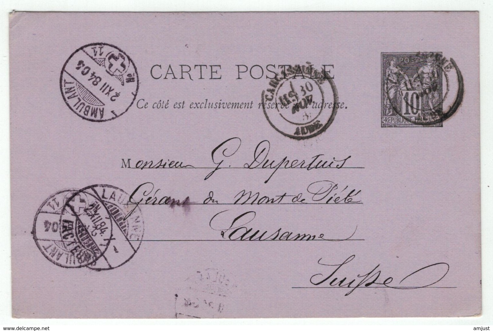 France // Entier Postaux // Entier Postal Pour Lausanne (Suisse) - Cartoline Postali E Su Commissione Privata TSC (ante 1995)