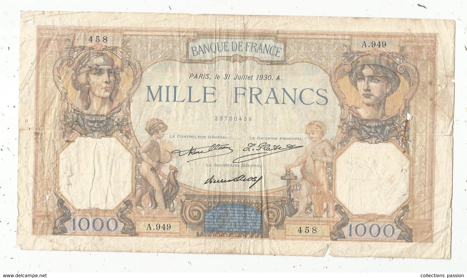 Billet, Cérés Et Mercure, Mille ,1000 Francs,  31 Juillet 1930 , 2 Scans , Frais Fr : 1.55 E - 1 000 F 1927-1940 ''Cérès Et Mercure''