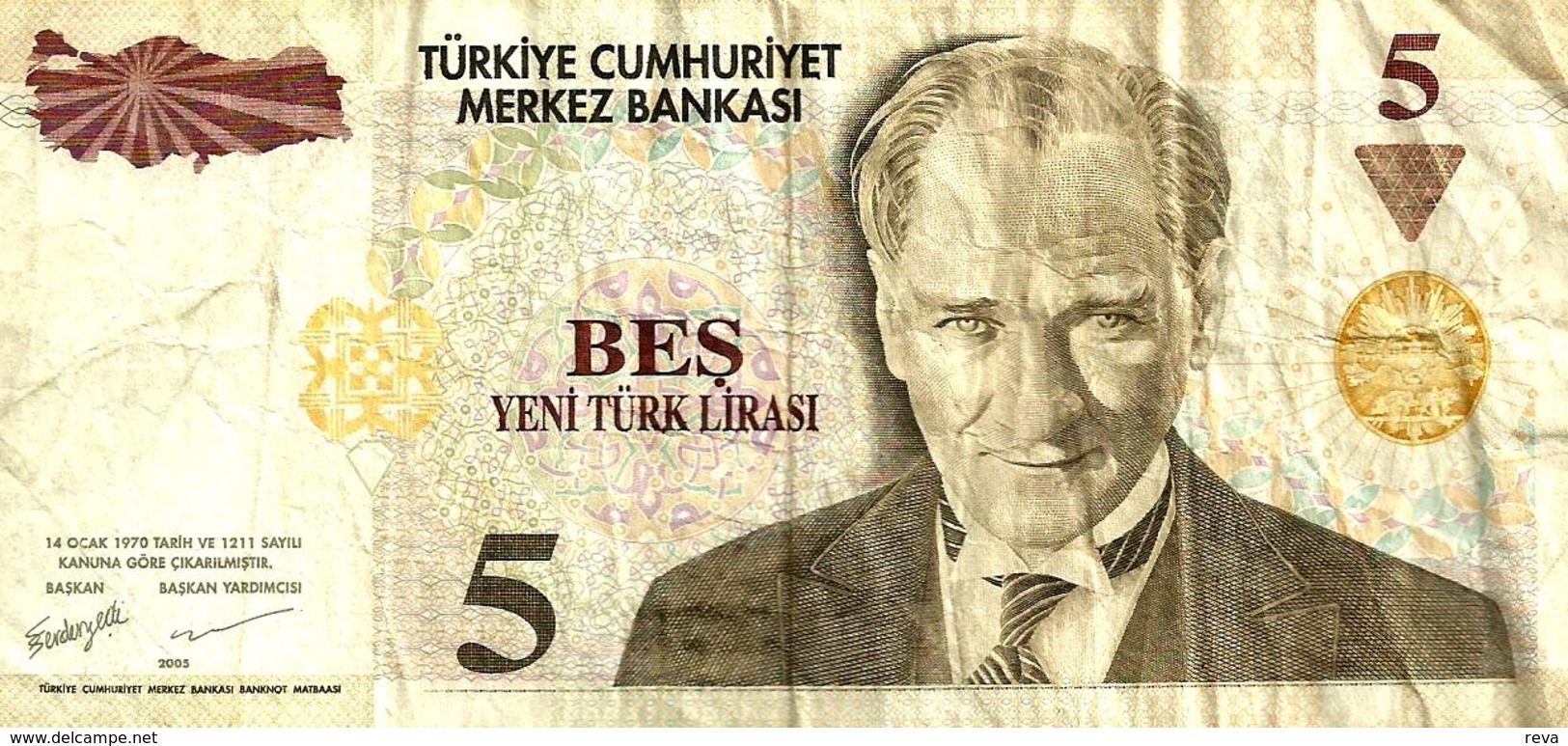 TURKEY 5 LIRASI  BROWN MAN HEAD FRONT & BUILDING BACK  DATED 2005 F+ P.217 READ DESCRIPTION !! - Turquie