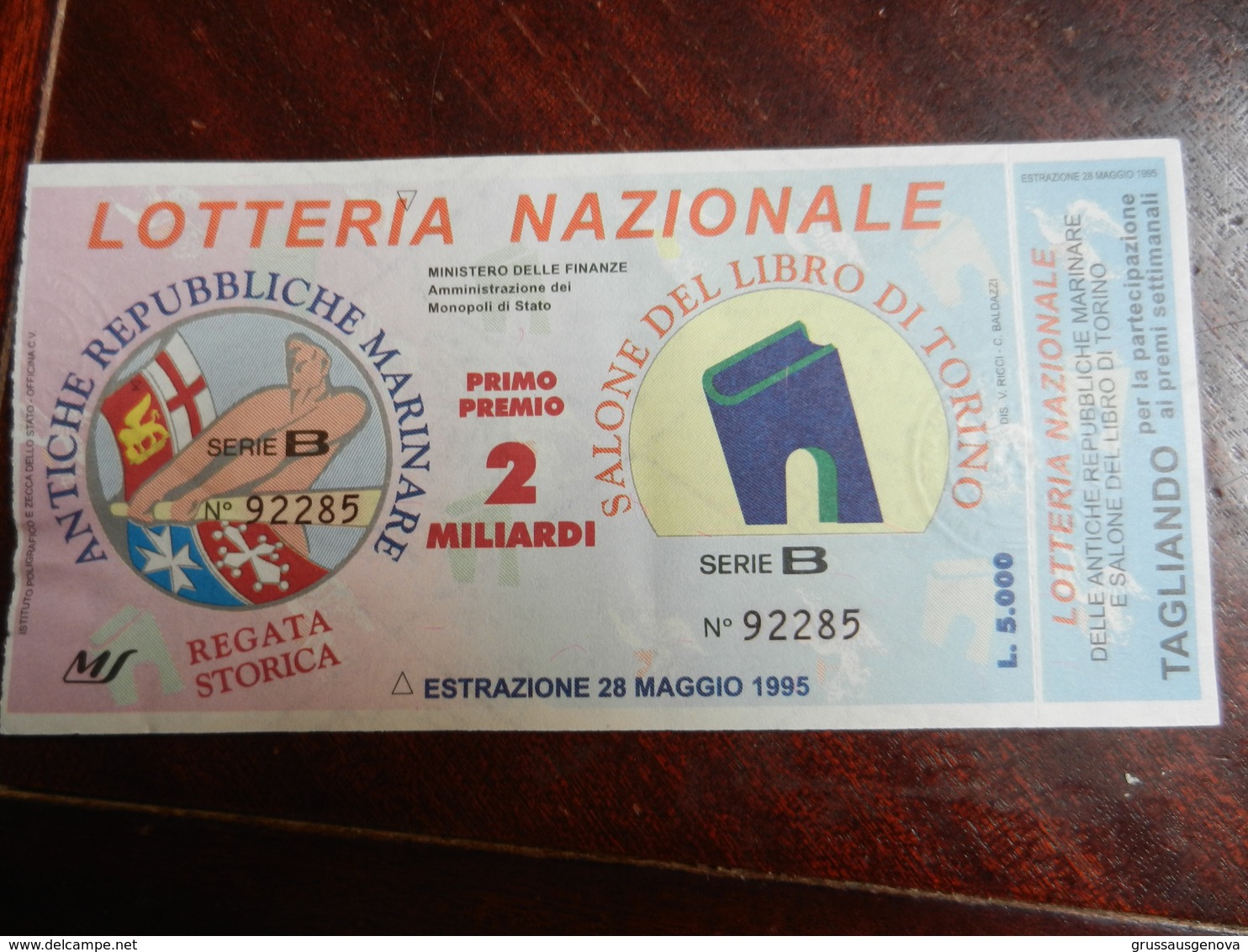 18372) LOTTERIA NAZIONALE REGATA STORICA DELLE ANTICHE REPUBBLICHE MARINARE E SALONE DEL LIBRO DI TORINO 1995 - Biglietti Della Lotteria